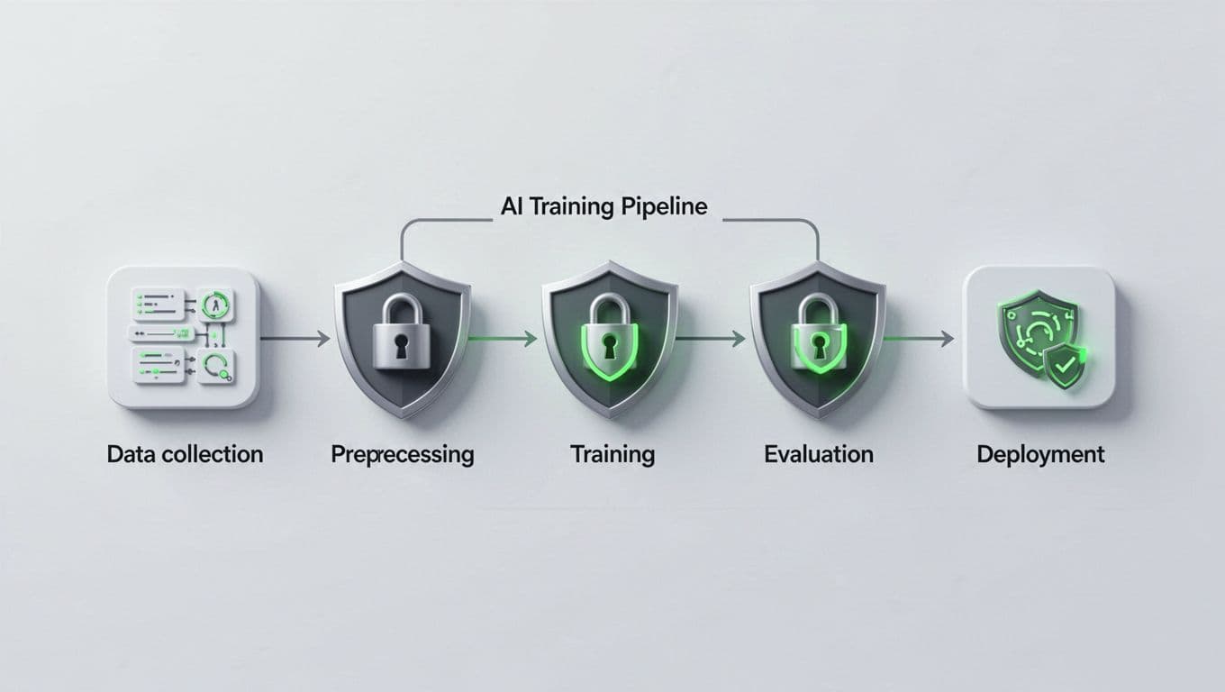 Flowchart shows data collection, preprocessing, training, evaluation, deployment stages with locks and shields at each.