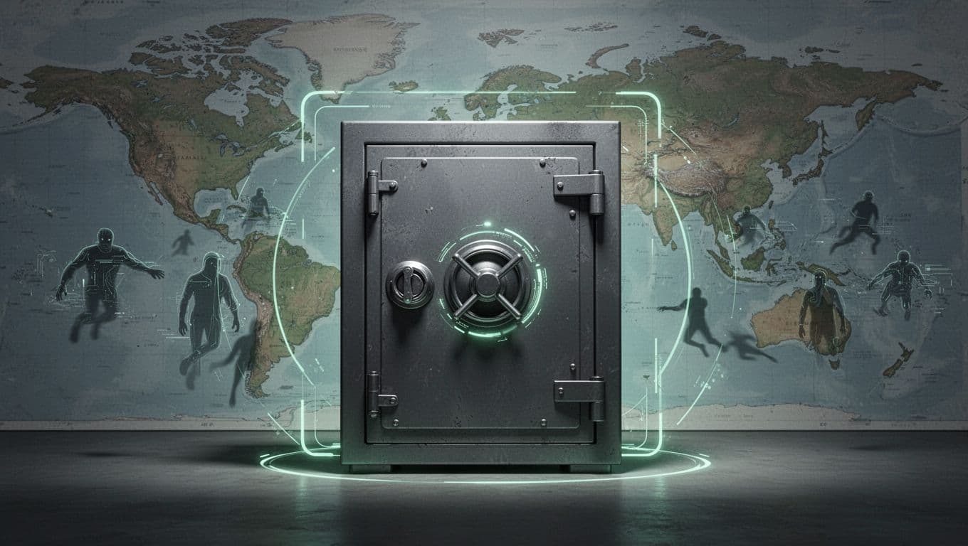 Locked vault with glowing green barriers on world map background, faint cyber threat shadows approaching from regions.