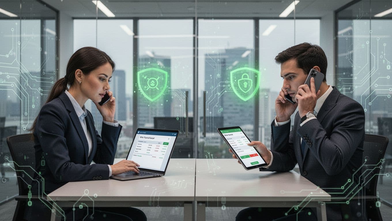 Two finance staff use separate devices to initiate and approve wire transfer with phone verification in split secure office.