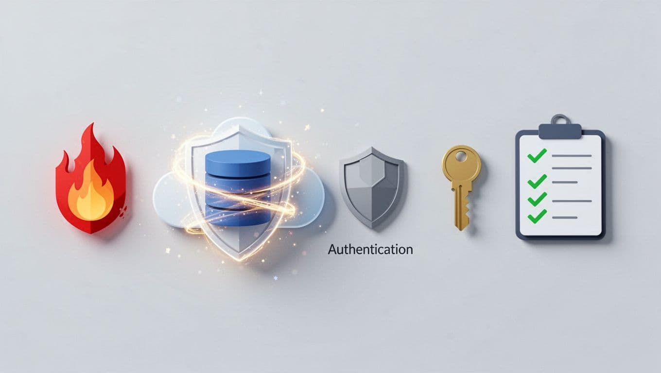 Sequential icons show firewall, auth key, encryption shield, and green-check checklist securing central cloud database.