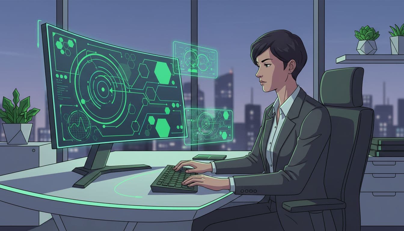 A professional security analyst focuses on a large digital monitor displaying abstract cyber threat data. The workspace is defined by clean geometric shapes and a vibrant, consistent green accent palette.
