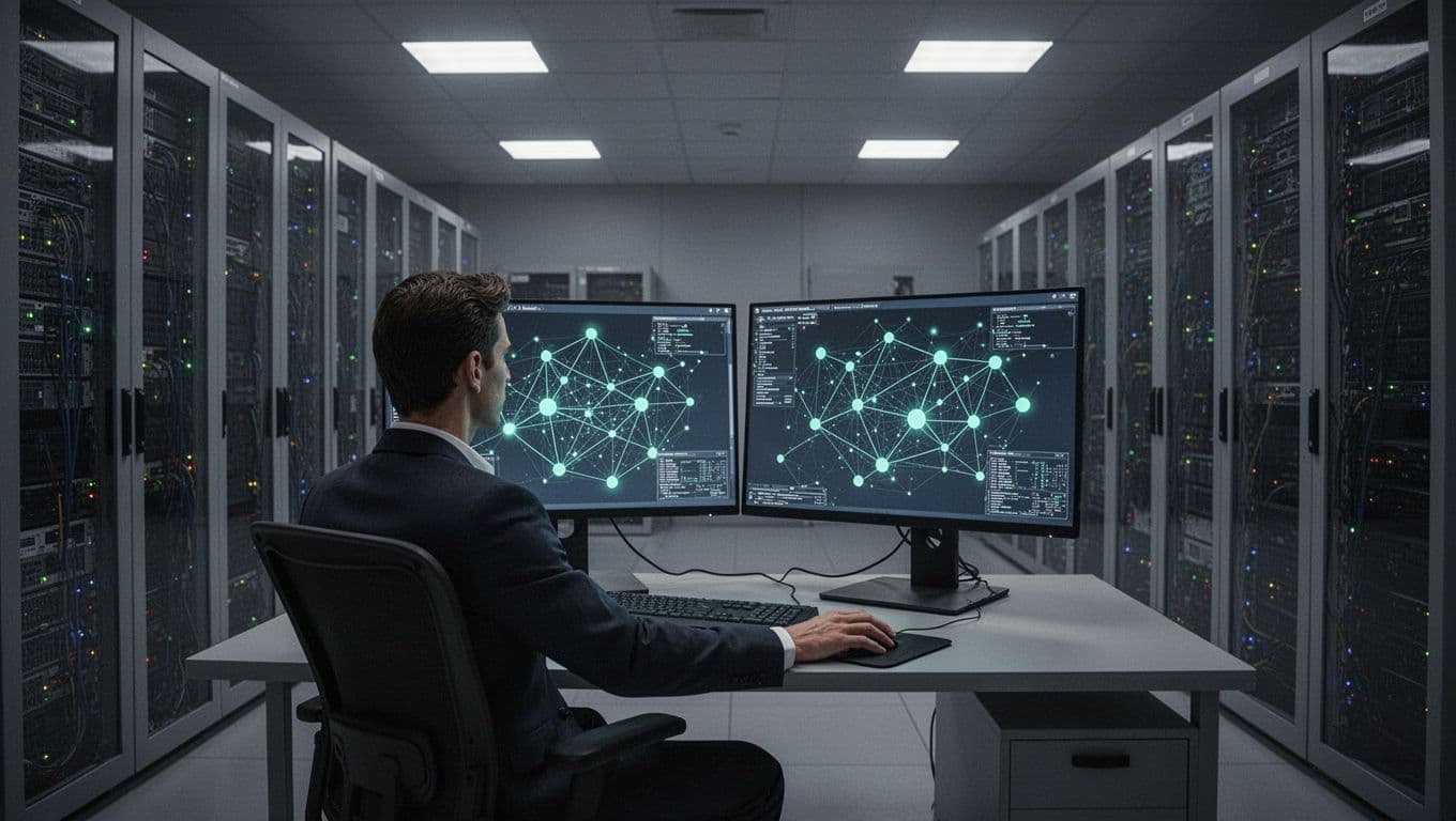 Security analyst at desk in dimly lit server room examines network map of old servers and legacy apps on dual monitors.