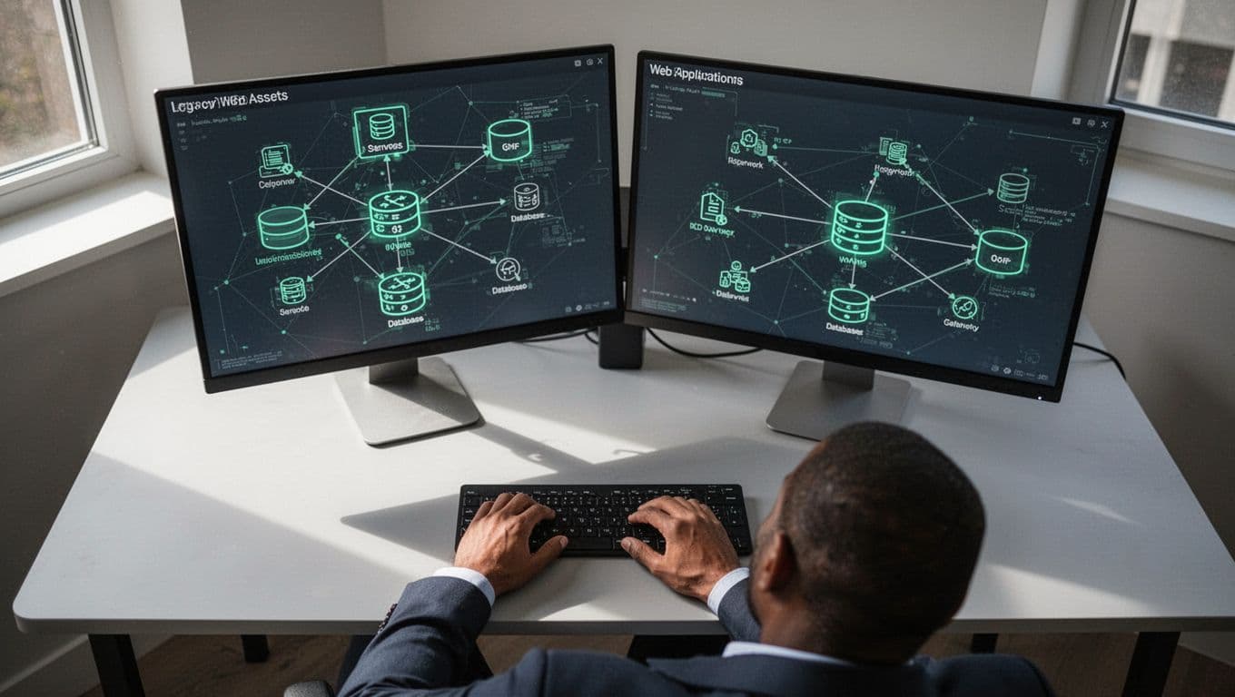 Analyst at desk views network map of servers, databases, and legacy web apps on dual monitors.