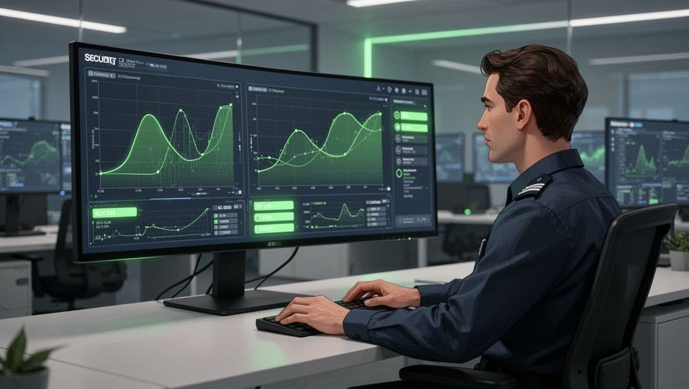 Security analyst at workstation views large monitor displaying green indicators, highlighted logs, and access charts in modern ops center.