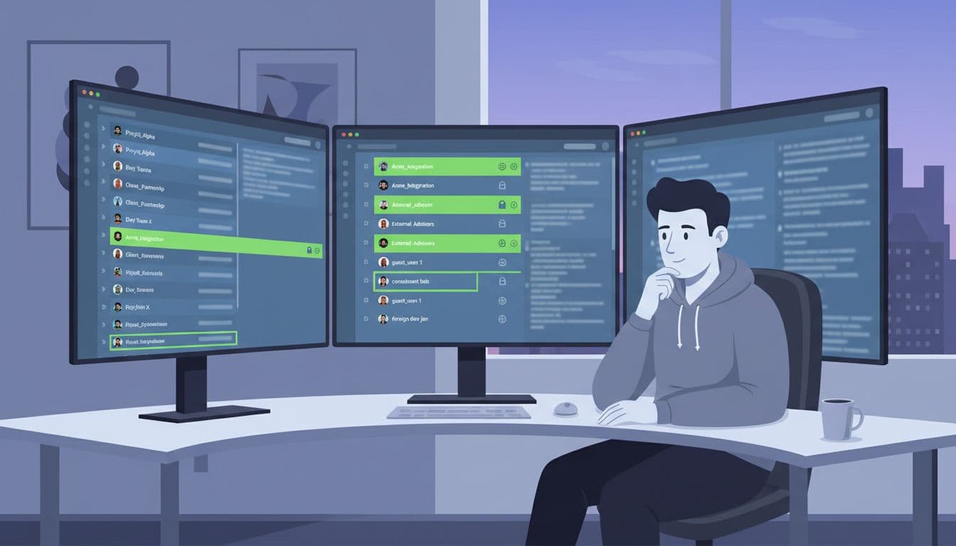 Security analyst at desk views multiple screens showing Slack channel lists with external users highlighted in green.
