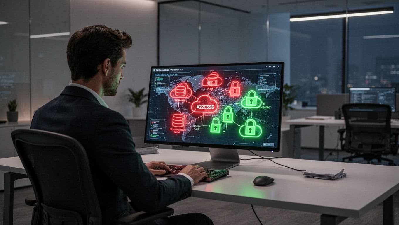 Security analyst at desk views laptop screen with cloud infrastructure map, exposed databases shifting from red alerts to green locks.