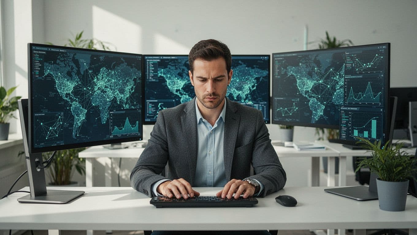 Security analyst at workstation with three screens showing threat maps, data flows, and network graphs.