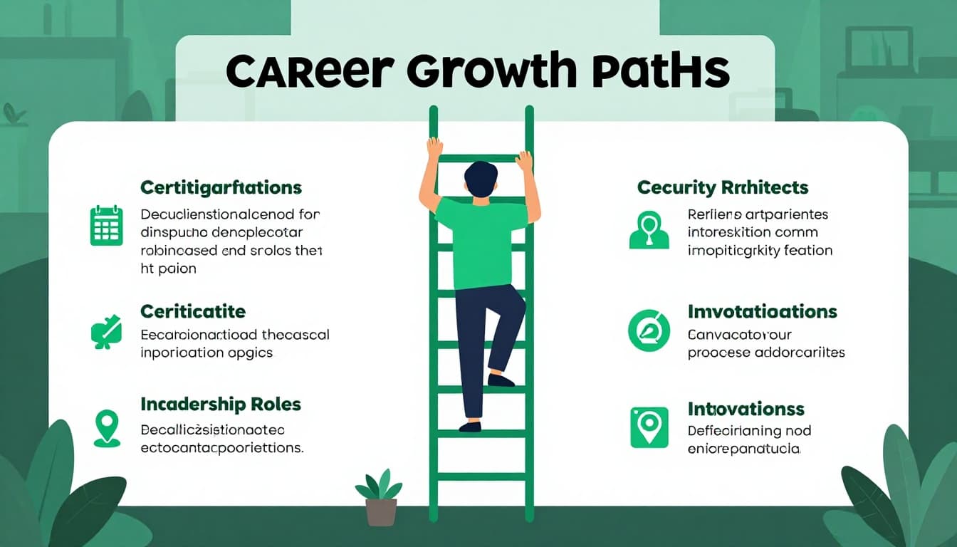 Person climbs career ladder with steps for certifications, leadership, and projects in office setting.