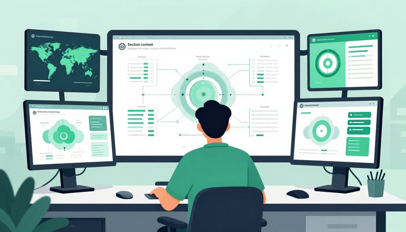 Security architect at desk reviews cloud diagrams on multiple screens with AI tools and threat maps in modern office.