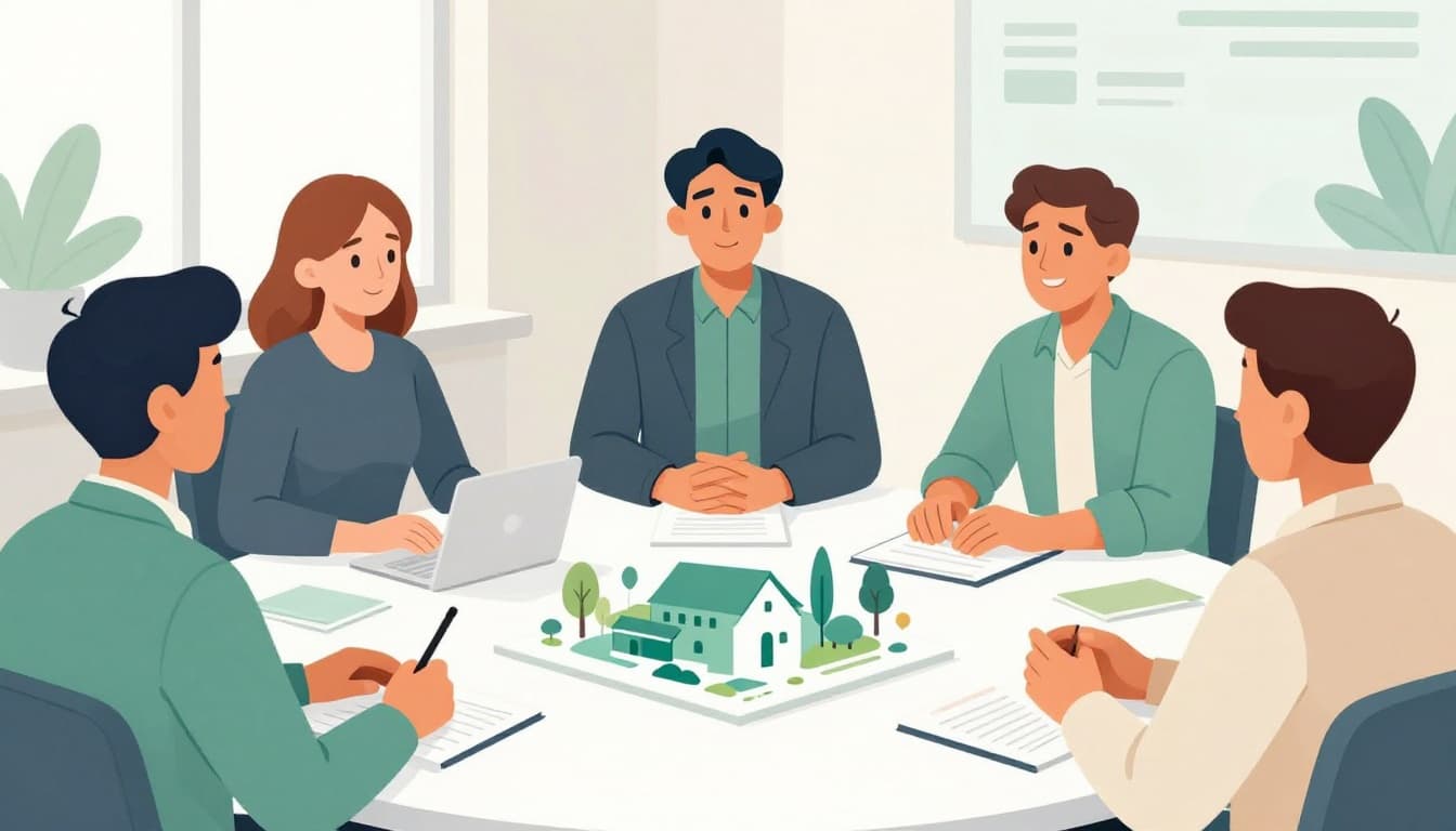Central security architect gestures over green architecture models with four colleagues around a table.