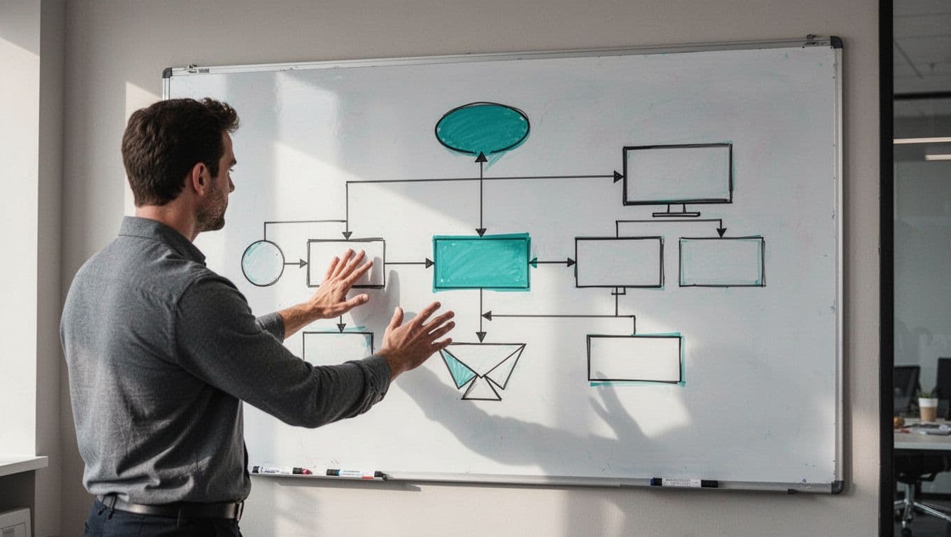 A minimalist diagram shows a technical workflow outlined on a whiteboard with green accent highlights.