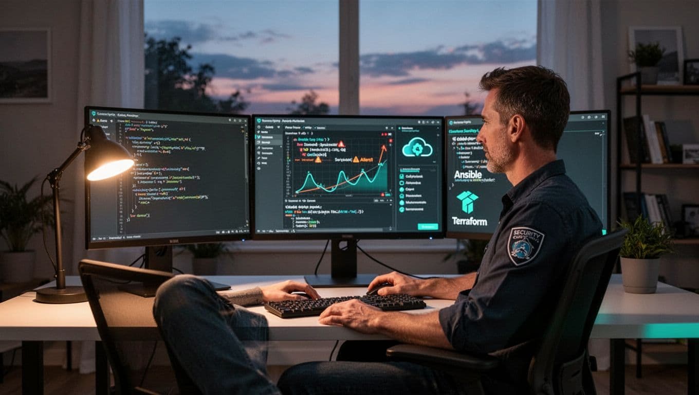 Security engineer at desk with two monitors showing Python code, SIEM graphs, cloud icons, Ansible and Terraform files in dusk home office.