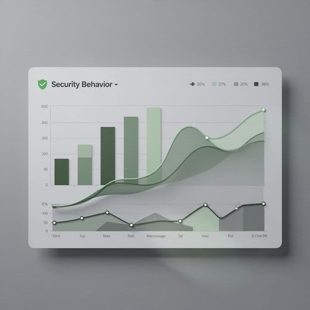 A minimalist dashboard displays bar charts and line graphs visualizing security behavior trends in green and grey.