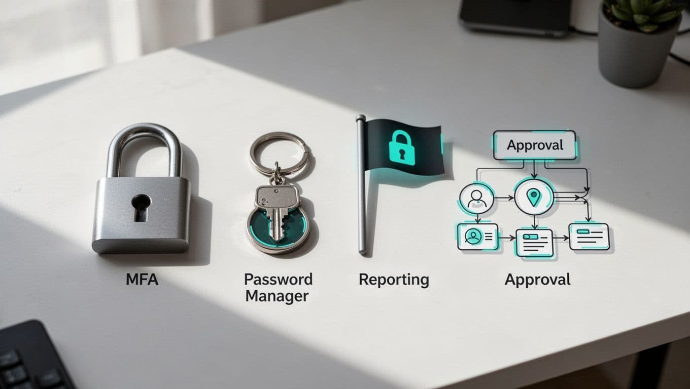 Neat desk setup with icons of MFA lock, password manager, report button, and approval workflow flowchart highlighted in green.