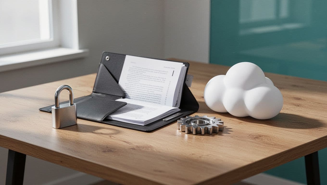 Minimalist icons representing security, training, systems, and cloud computing arranged on a desk surface.