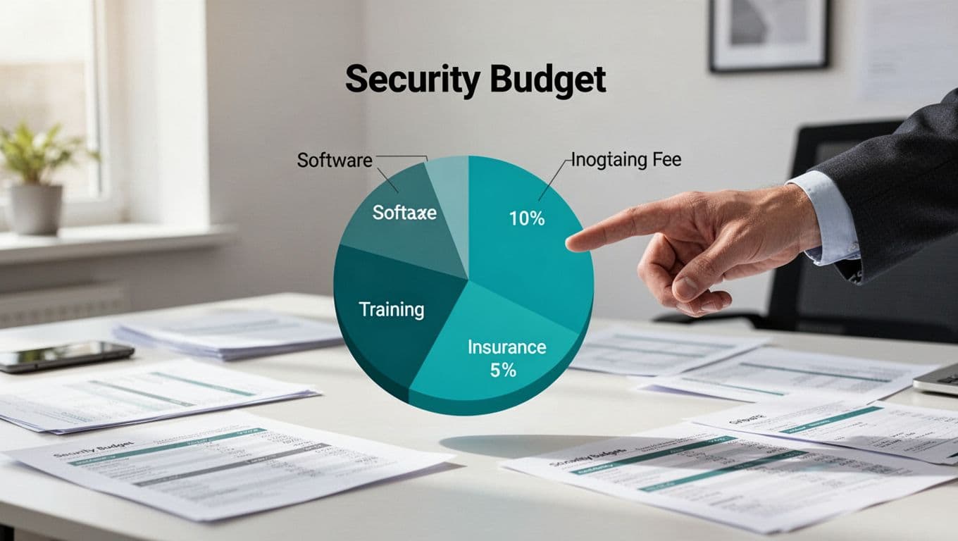 Pie chart on office desk displays security budget categories including software, training, and insurance, with one hand pointing at it.