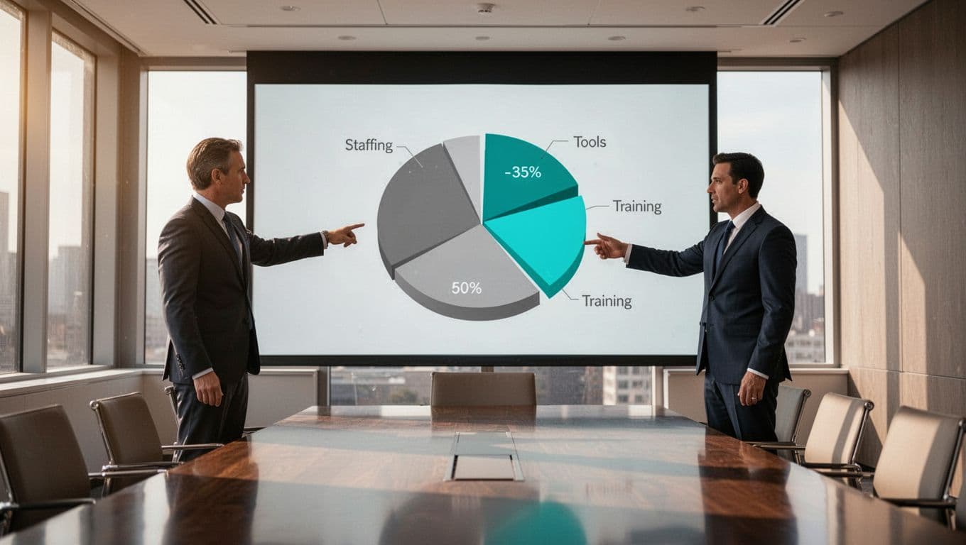 Executive points at pie chart on screen showing security budget categories in conference room.