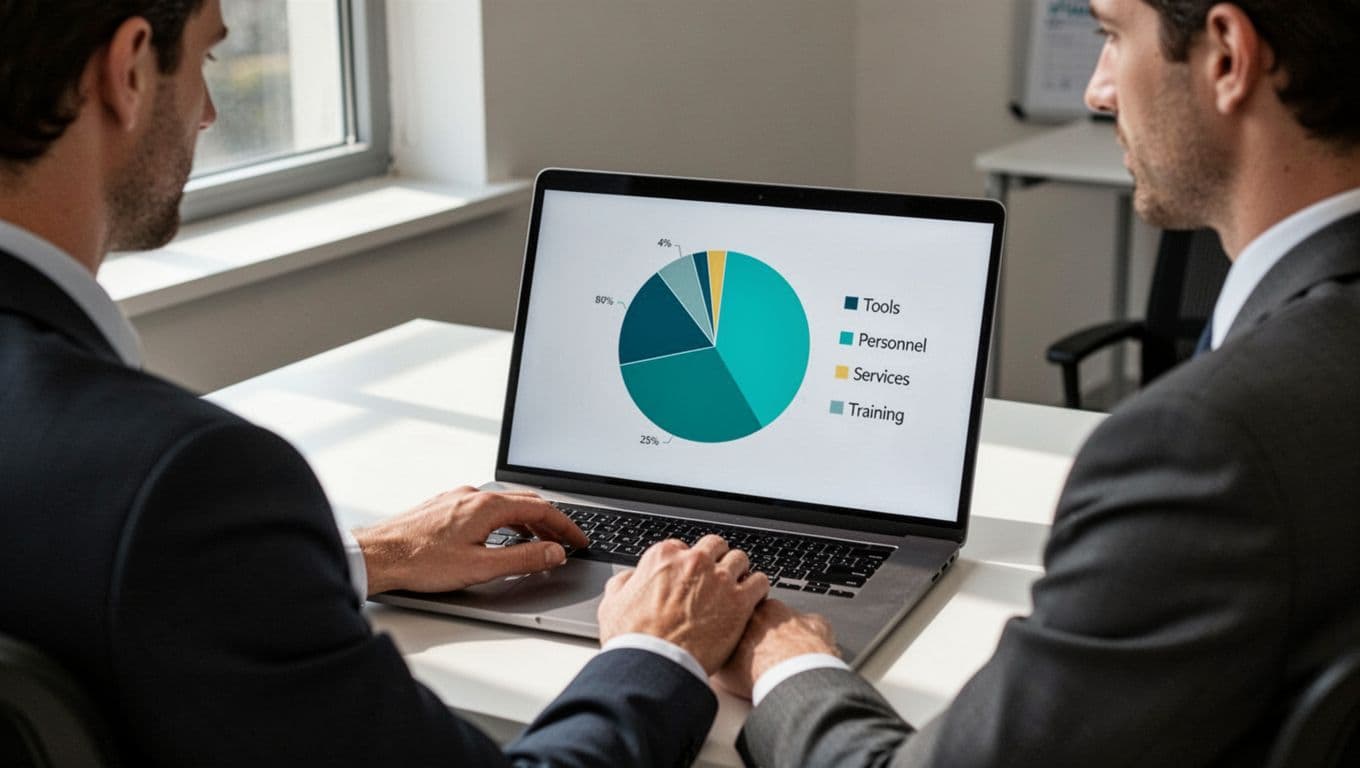 IT manager at desk views angled laptop screen displaying colorful security budget pie chart with green accents.
