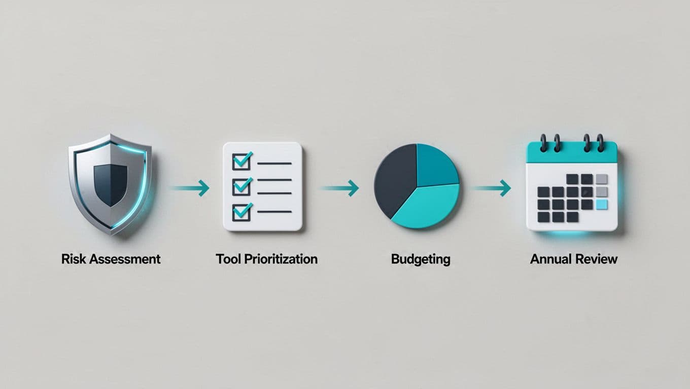 Horizontal flowchart shows shield, checklist, pie chart, and calendar icons connected by arrows on neutral background.
