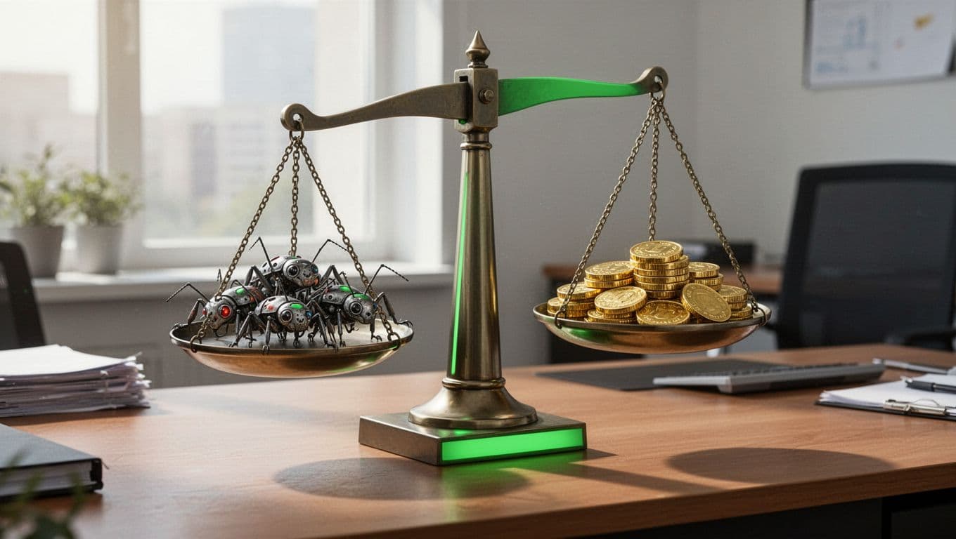 Balanced scale on office desk with security bugs on one side and dollar signs on the other.