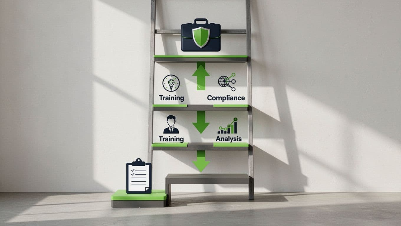 Five-step ladder from entry clipboard icon to senior briefcase with shield, green accents on steps and arrows.