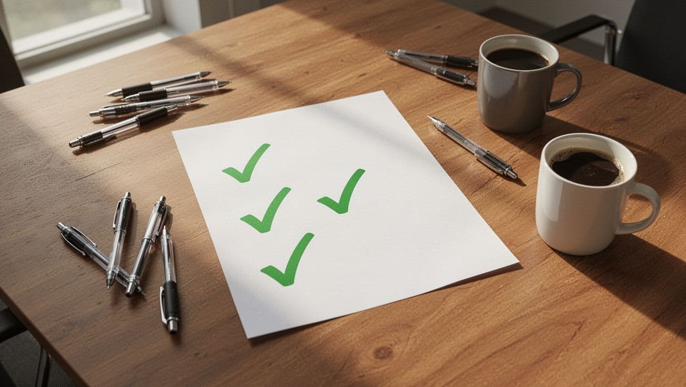 Printed checklist with green checkmarks on wooden conference table, pens and coffee mug nearby.