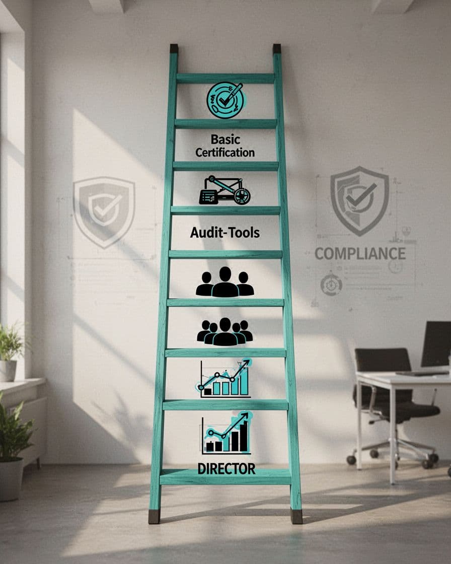 Ladder shows progression from junior analyst cert icon to director strategy charts on steps.