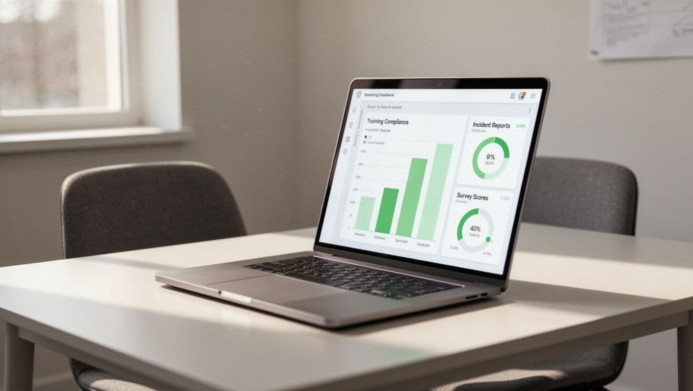 Laptop on office desk displays blurred security dashboard with green-highlighted bar charts for compliance, incidents, and surveys.