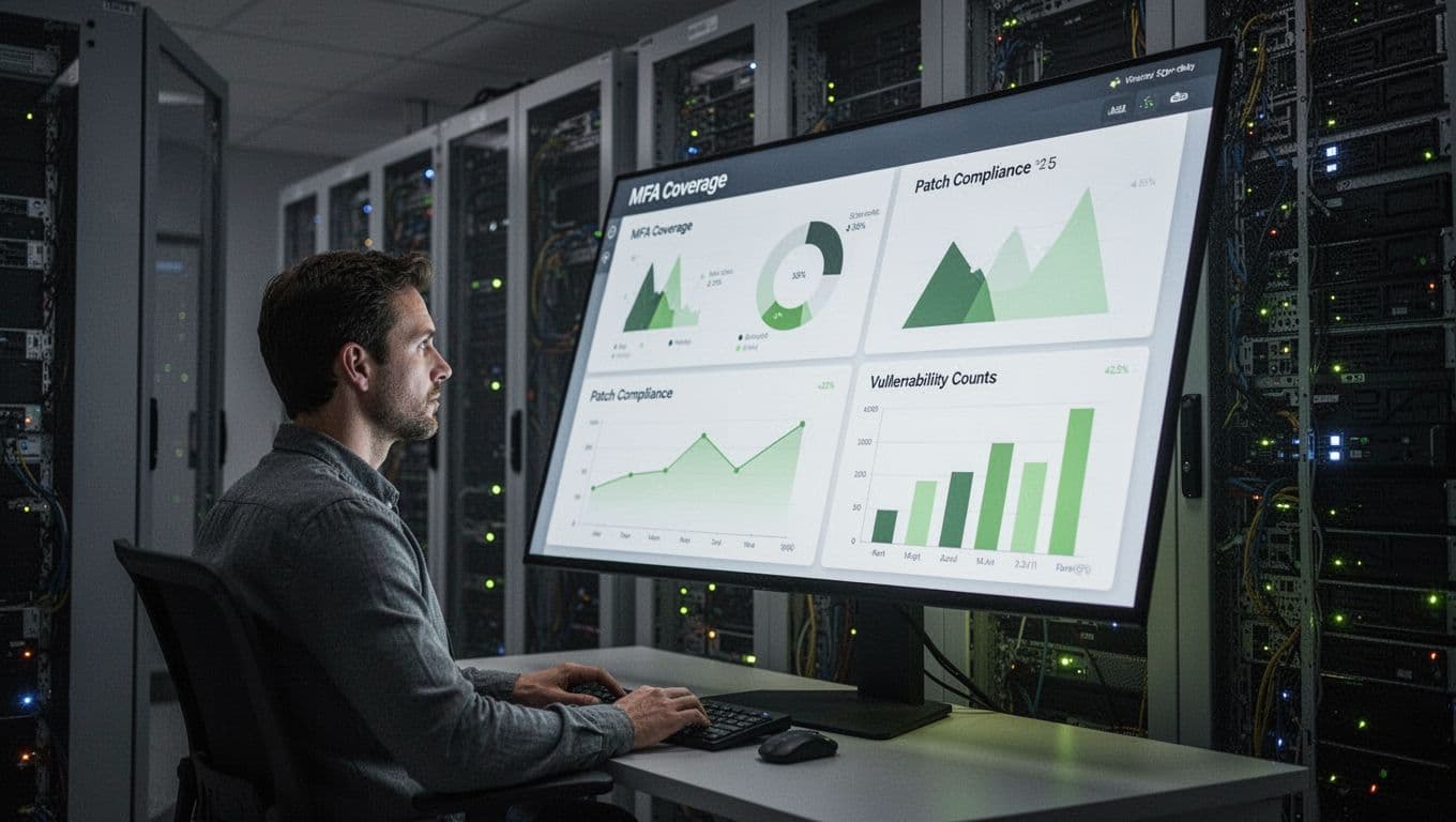 Large angled screen displays charts for MFA coverage, patch compliance, and vulnerabilities; one analyst seated in dim server room.