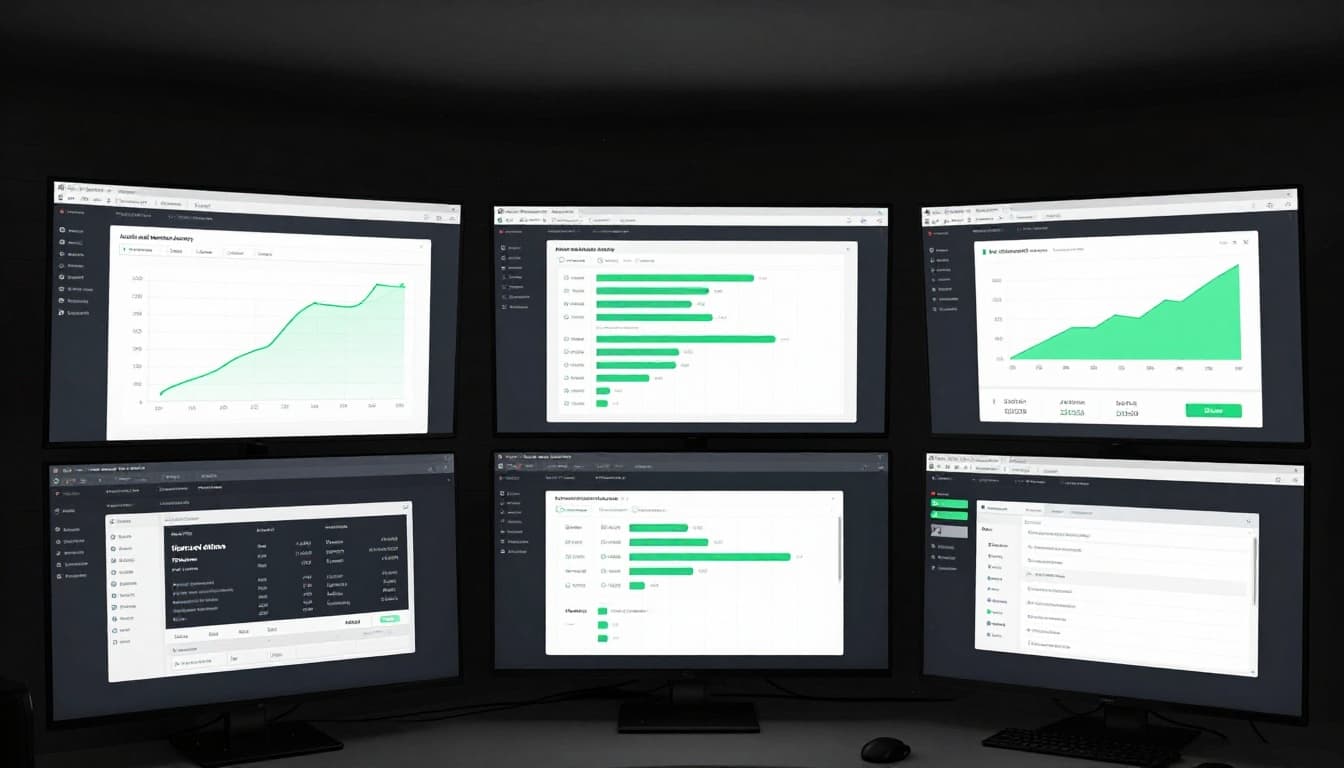 Three angled screens in dim light display dashboard panels graphing normal vs anomalous file access with suspicious login alerts.