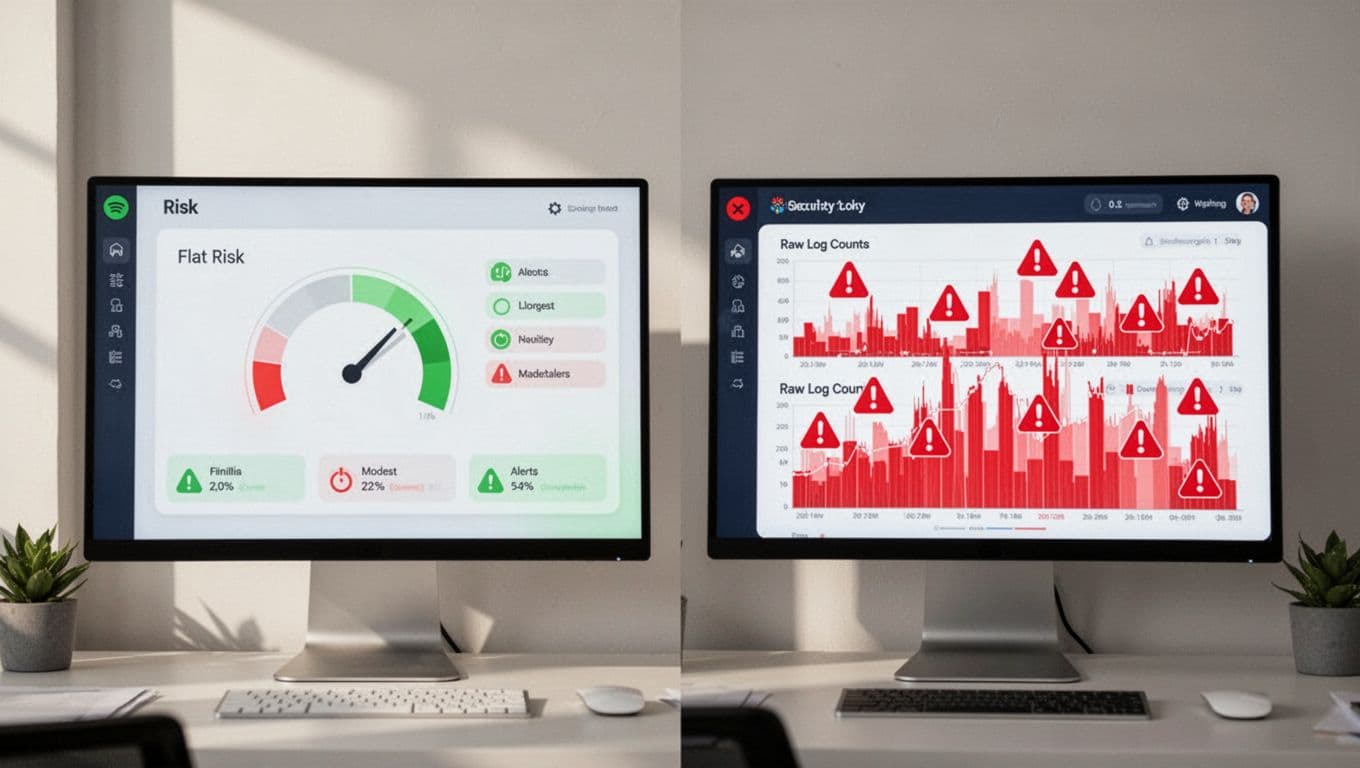Two side-by-side monitors display split-screen comparison of effective green-accented dashboard and ineffective red-warning one on office wall.