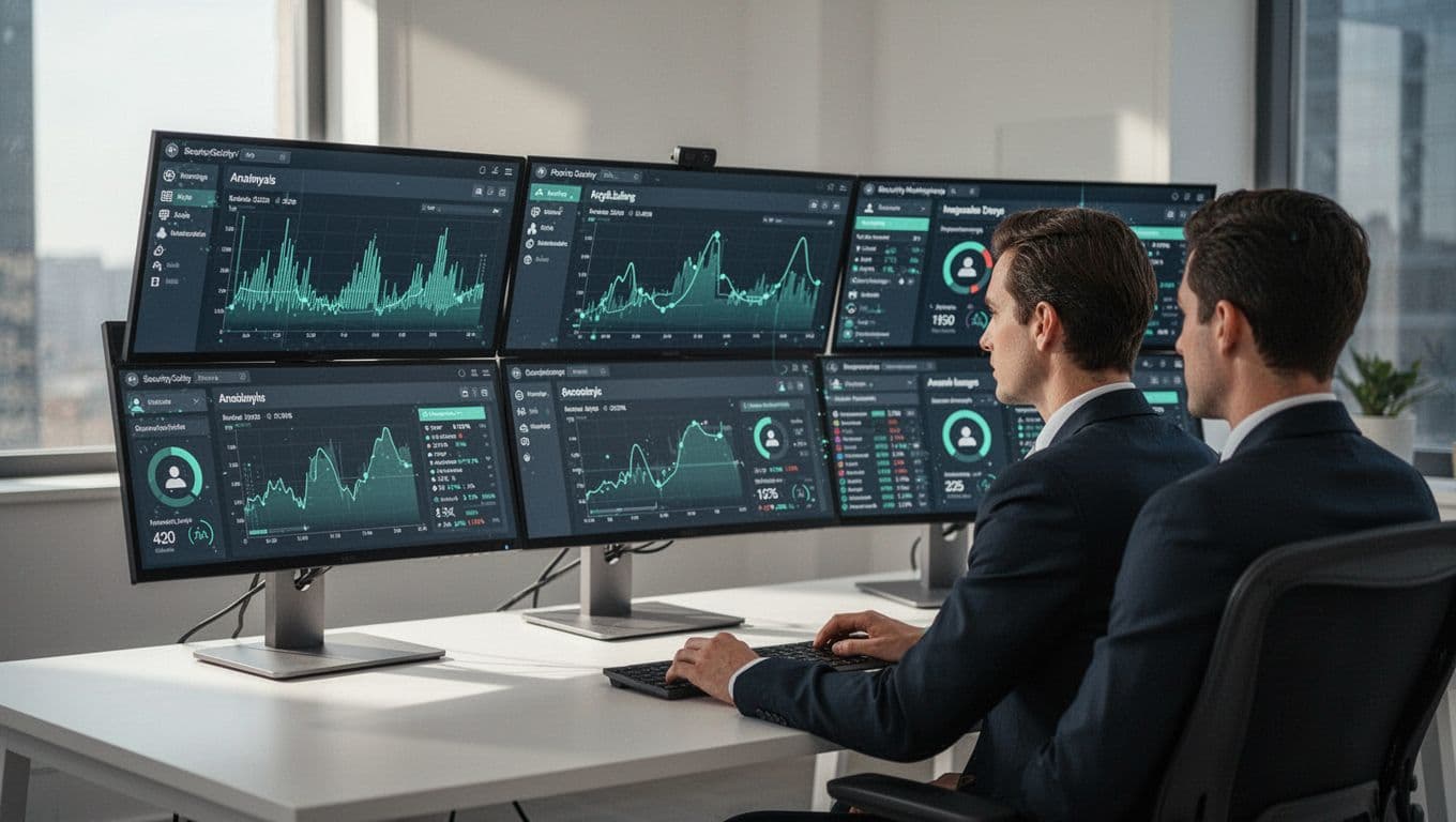 Analyst at desk reviews screens showing anomaly graphs, user logs, and green-highlighted metrics for insider threats.