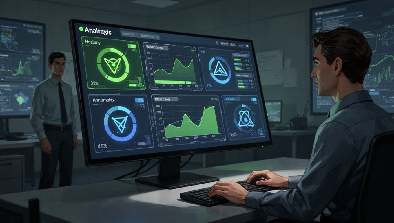 Analyst in dim room views angled dashboard screen with access logs, green health indicators, and anomaly alerts.
