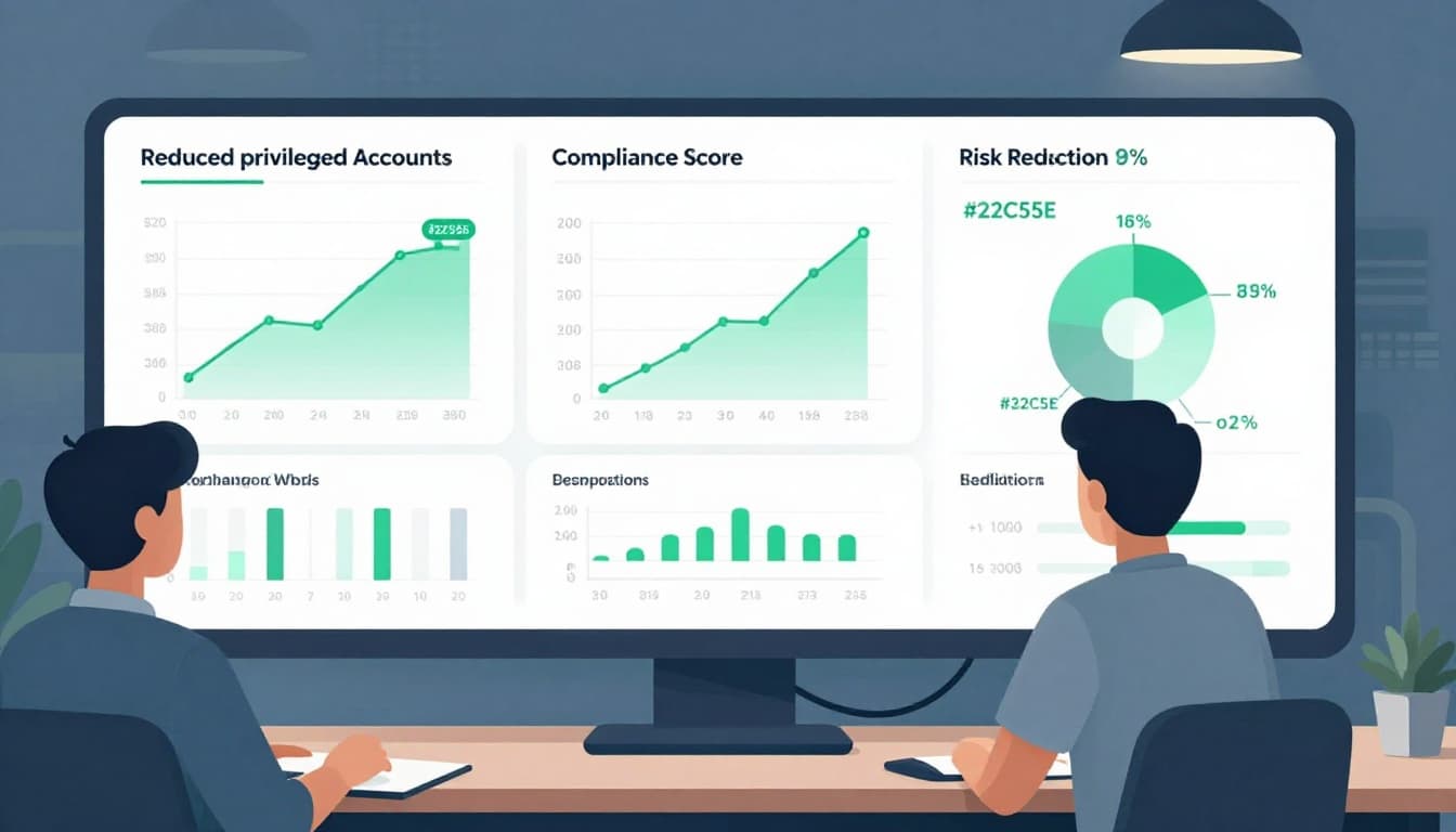 Modern security dashboard in monitoring room shows graphs of reduced privileged accounts, compliance scores, and risk reduction with green highlights.