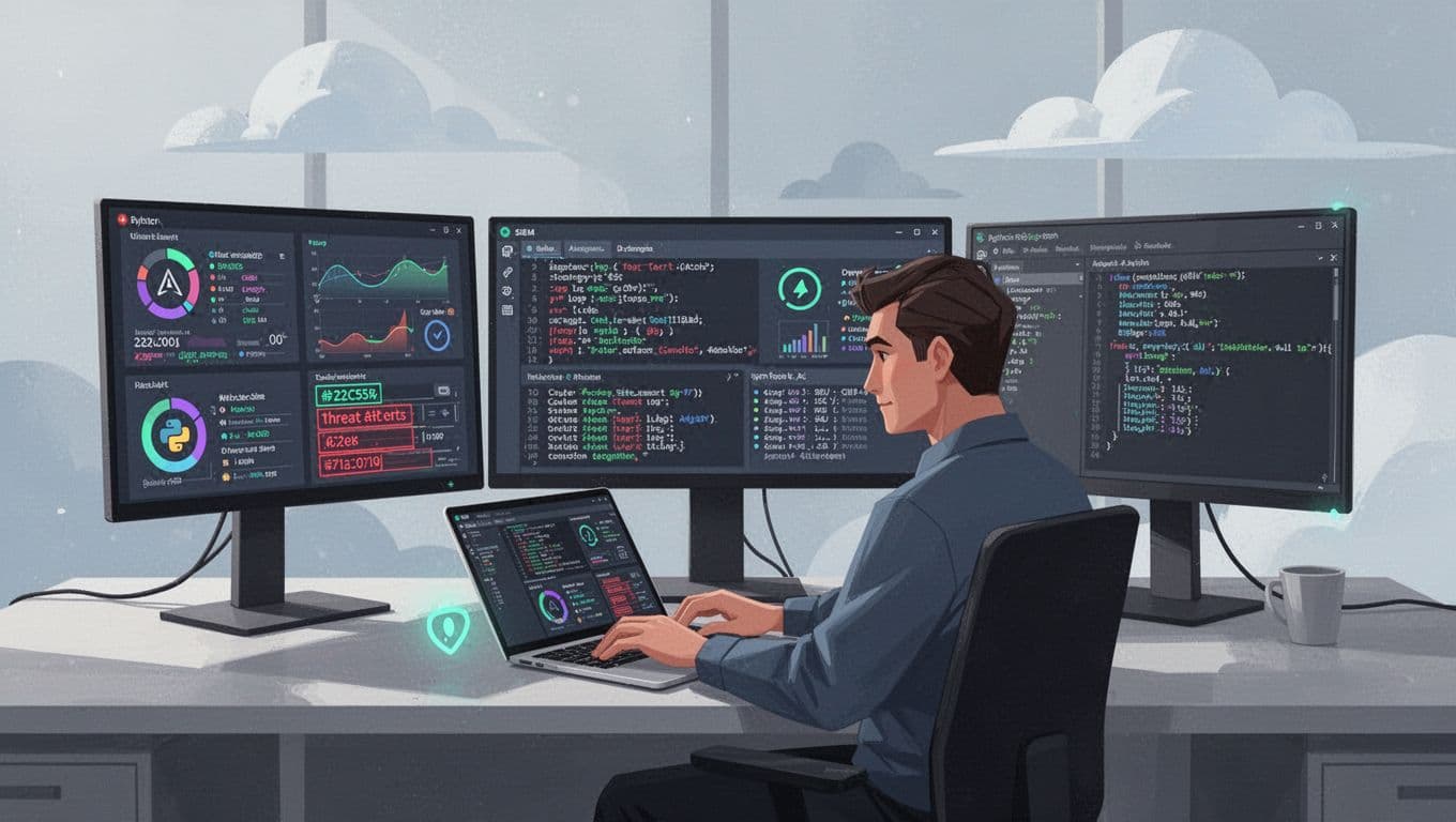 Security analyst at desk with multiple screens showing dashboards, logs, threat alerts, Python script on laptop, cloud icons behind.