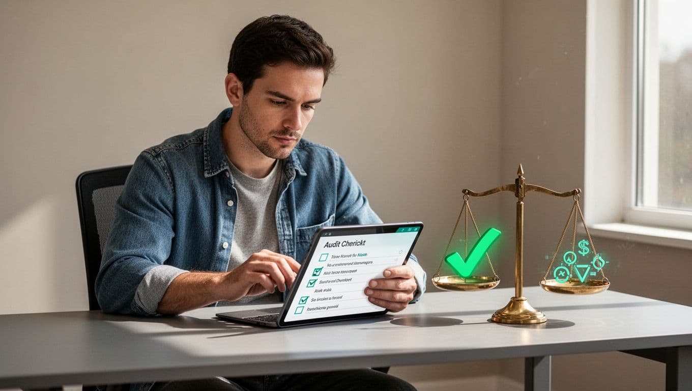 Security engineer at desk reviews API audit checklist on tablet, green checkmarks and risk icons balanced on scale.