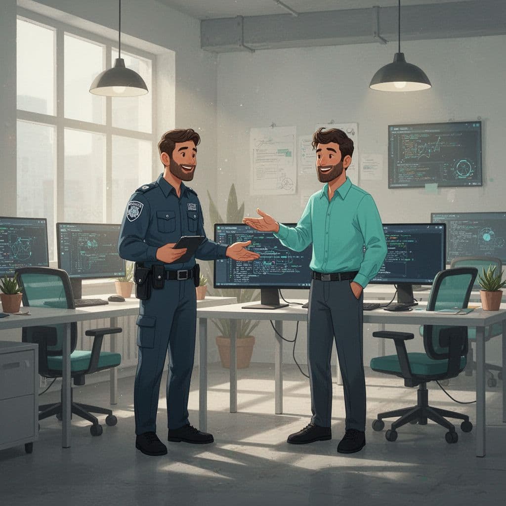 A security engineer and a software developer discuss code on a computer screen in an office.