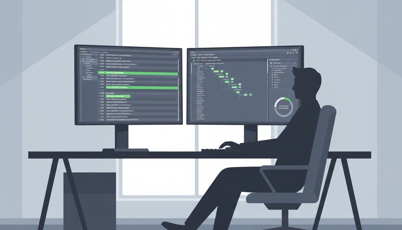 Security engineer at desk with dual monitors showing DNS records, subdomain tools, and highlighted risky CNAME entries.