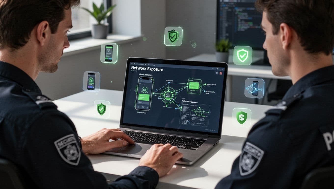 Security engineer at laptop scans mobile app, screen shows network exposure diagrams with floating app icons.