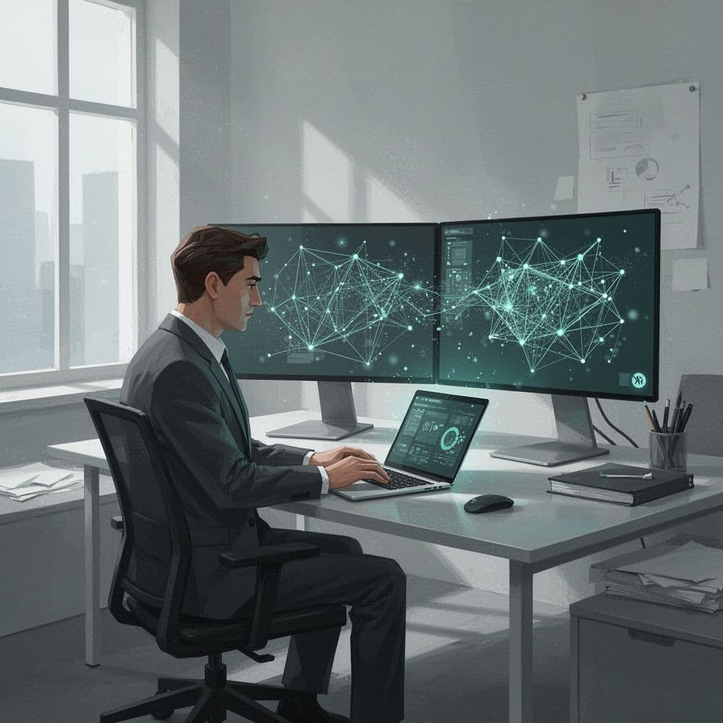 A person sits at a desk viewing a glowing network visualization on a computer monitor.