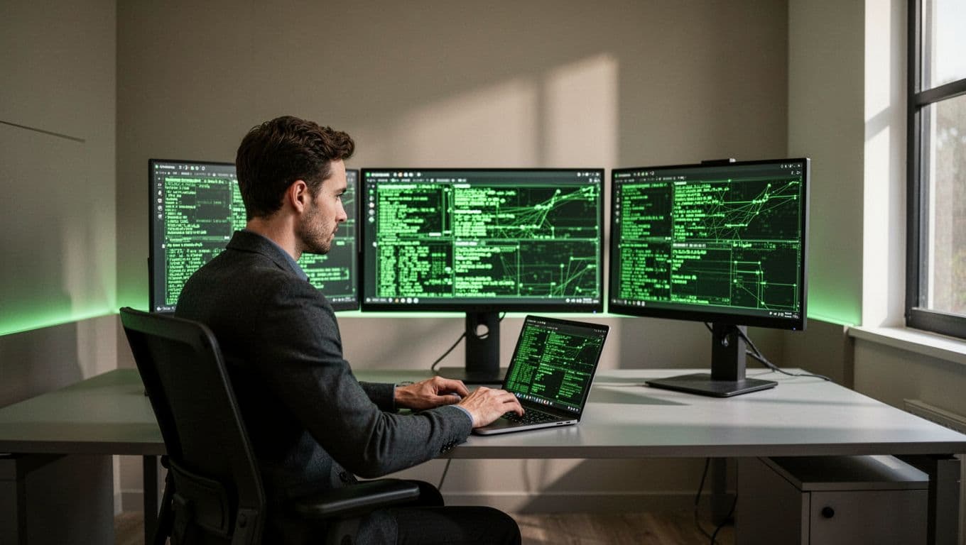 Security engineer at desk focuses on laptop and dual monitors showing threat alerts in office.