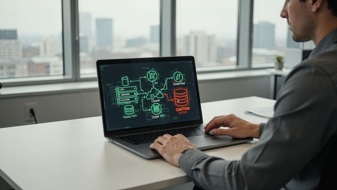 Security engineer at desk views laptop screen displaying Kubernetes API server, nodes, and etcd icons with warning highlights.
