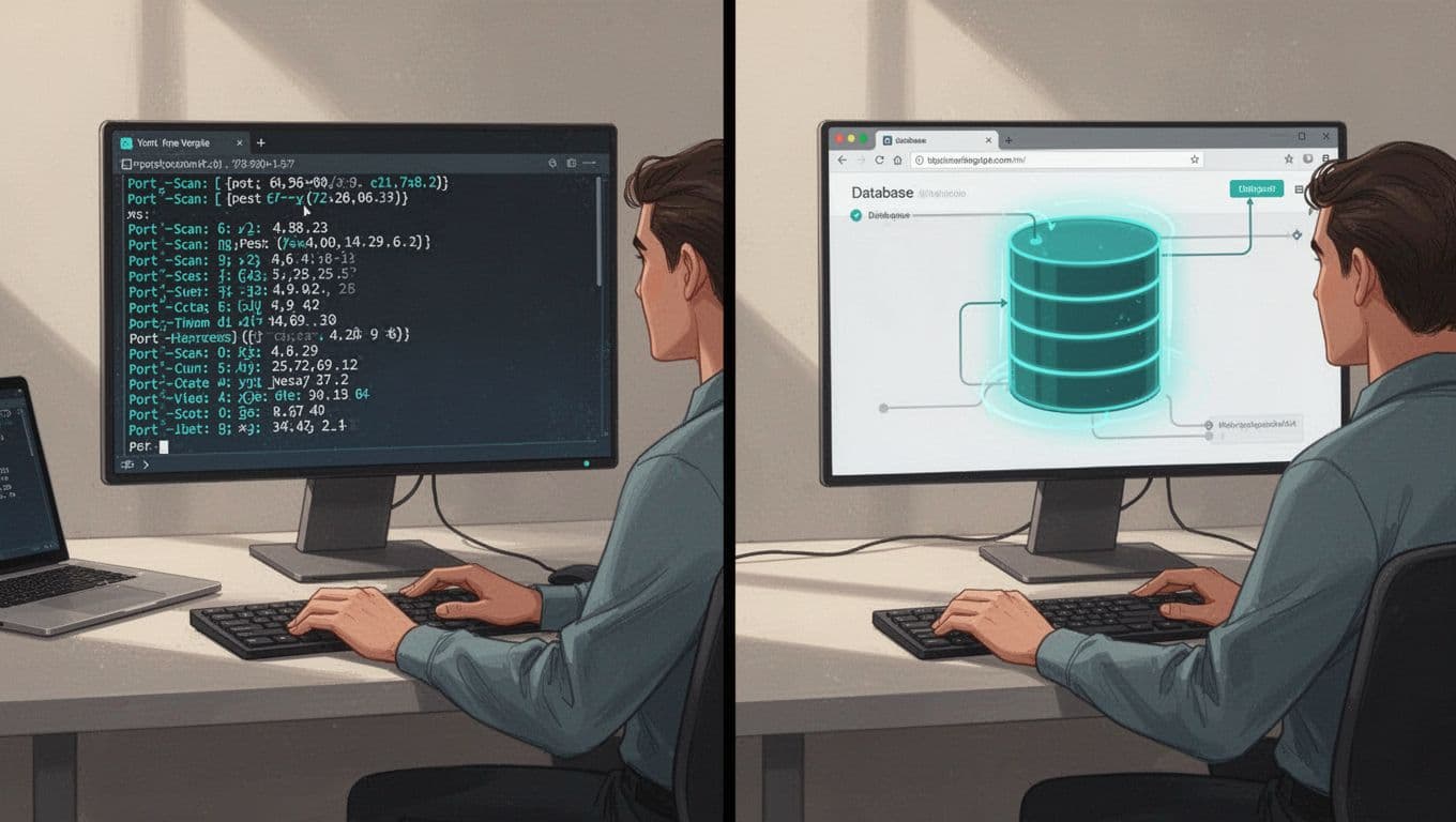 Security engineer at workstation with split monitor: left shows terminal port scan, right shows browser accessing highlighted MongoDB database.