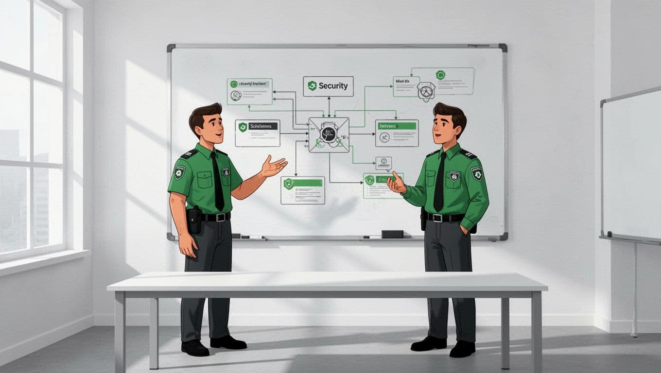 Two professionals analyze a complex security diagram drawn on a whiteboard in a modern office.