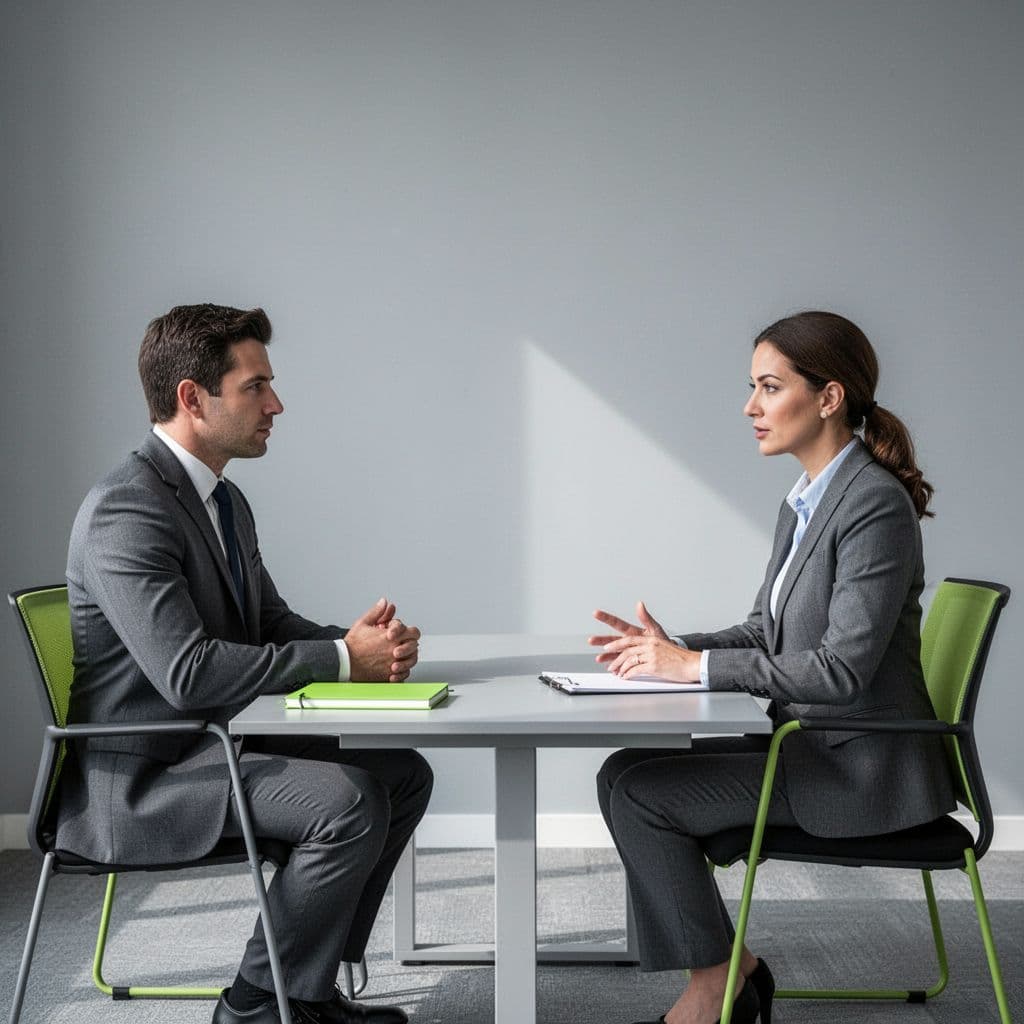 A hiring manager and candidate sit in a modern, minimalist office discussing a security executive role.