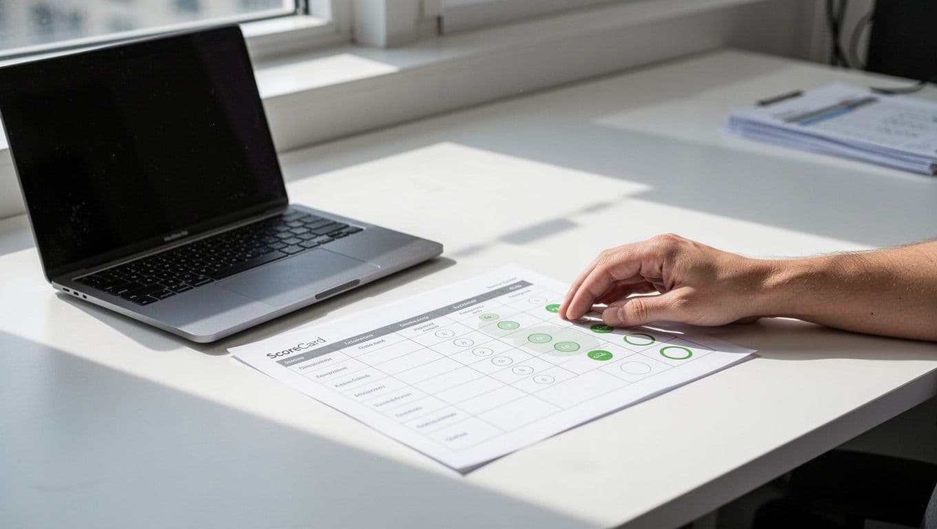 Laptop on office desk displays scorecard table with green status indicators; paper scorecard nearby, one hand rests beside.