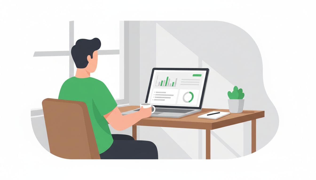 Relaxed person at home office desk views laptop screen with security KPI charts and bars.