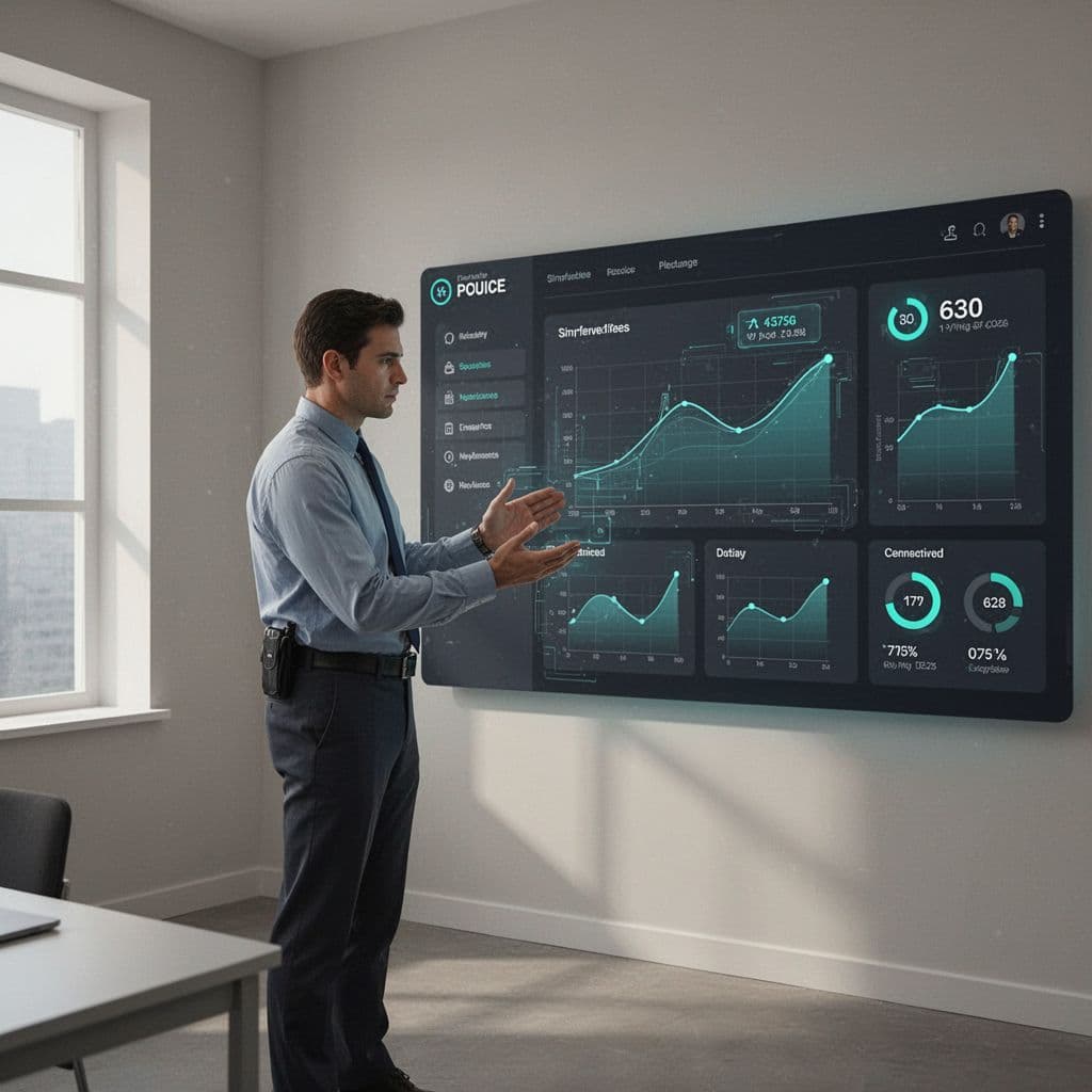 Professional security lead examines dashboard with simplified data visualizations and green accents on neutral background.