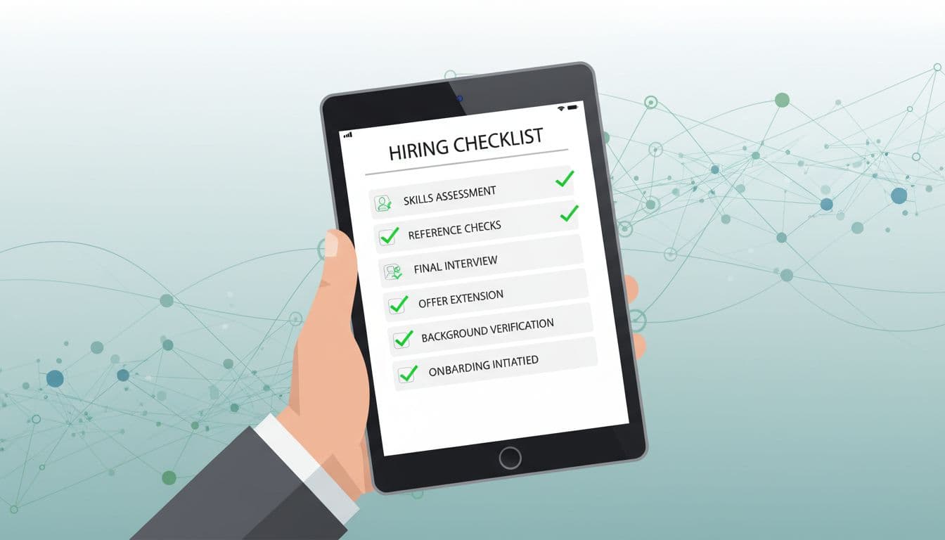 Hand holds digital tablet displaying checklist with green checkmarks for skills assessment and reference checks, subtle neural network background.