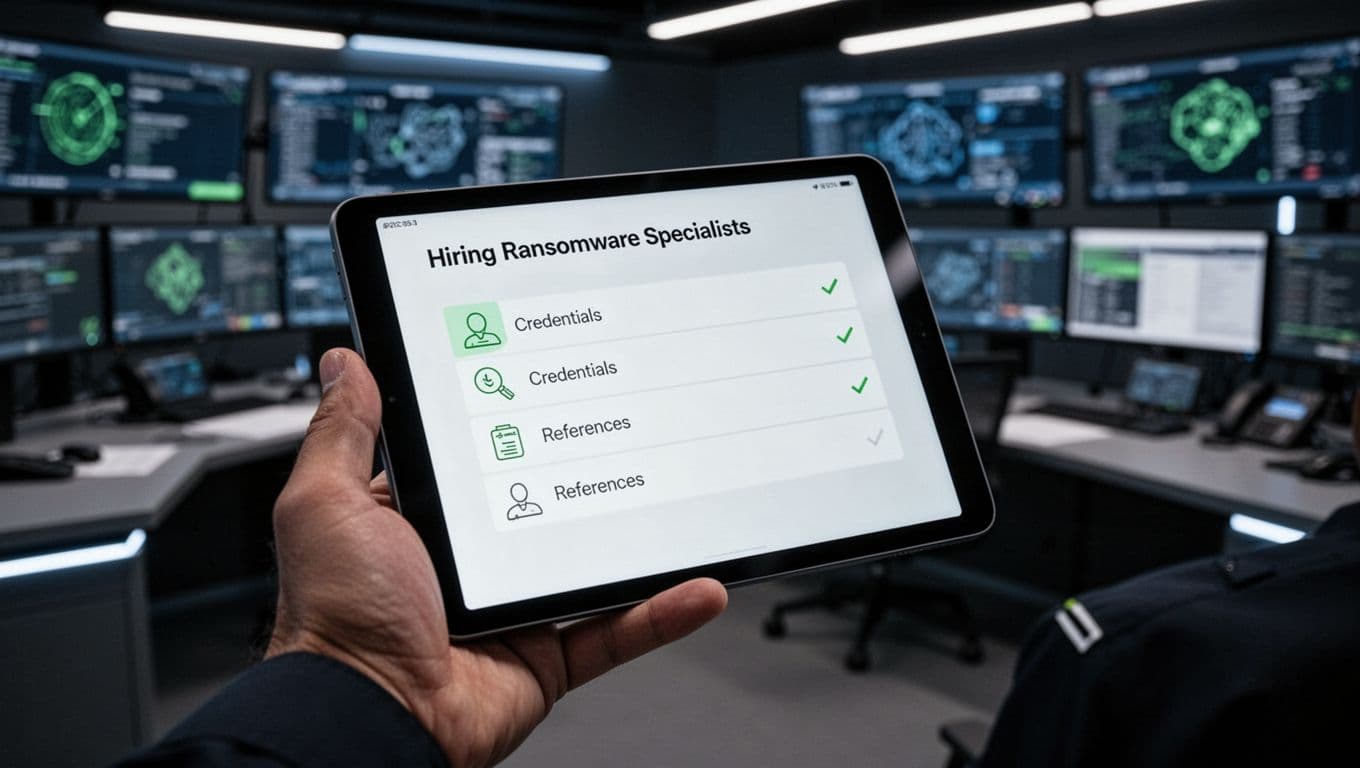 Security leader holds digital tablet showing checklist items like credentials and references in modern command center.